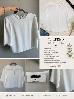 Wilfred by Aritzia White Flutter Sleeve Blouse | Size M